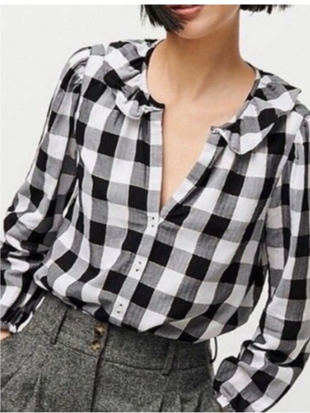 J. Crew Metallic Buffalo Plaid Button Front Pullover Blouse